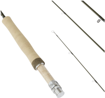 A segmented fly fishing rod with a light-colored handle and multiple sections aligned vertically.